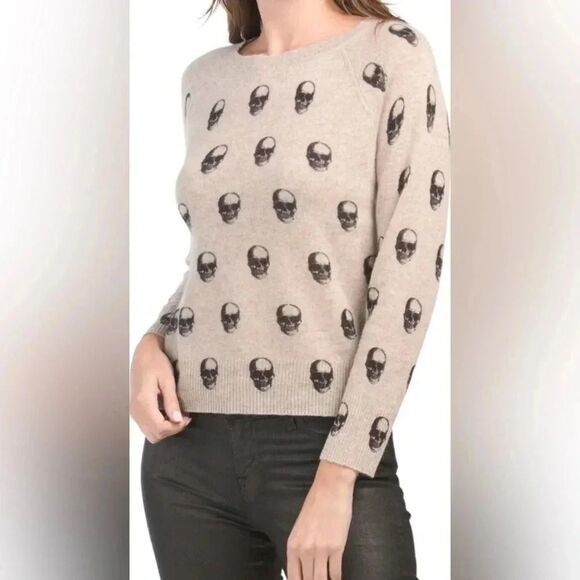 Skull Cashmere Tammy Print Crewneck Sweater Beige Black Size Small - Picture 1 of 7